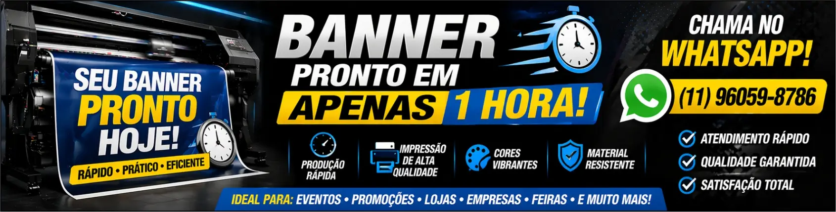 Banner pronto em apenas 1 hora, com produção rápida e material resistente