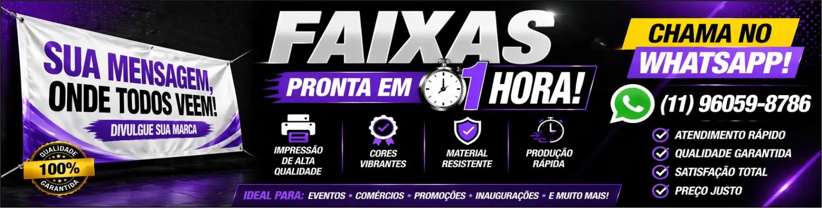 Faixa personalizada pronta em 1 hora para eventos, comércios e inaugurações